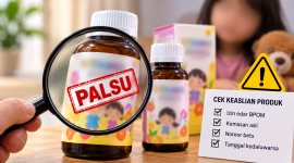Ilustrasi peringatan vitamin anak palsu yang beredar online.(Foto AI INBRITA)