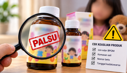 Ilustrasi botol vitamin anak palsu dengan tanda peringatan dan imbauan cek BPOM.