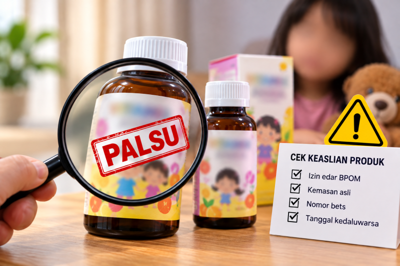 Ilustrasi peringatan vitamin anak palsu yang beredar online.(Foto AI INBRITA)