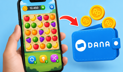 Aplikasi penghasil uang 2026 dengan game susun buah, koin reward, dan dompet digital DANA.