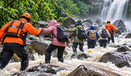Evakuasi wisatawan saat sungai meluap di kawasan wisata Langkuik Tinggi, Agam, Sumatera Barat.