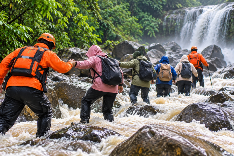 Ilustrasi AI evakuasi wisatawan saat sungai meluap di Langkuik Tinggi, Agam.
