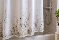 Tirai shower berjamur akibat kelembapan tinggi dan sisa sabun yang menumpuk. ( Foto AI INBRITA)