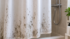 Tirai shower berjamur akibat kelembapan tinggi dan sisa sabun yang menumpuk. ( Foto AI INBRITA)