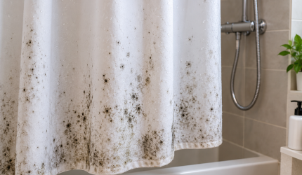 Tirai shower berjamur akibat kelembapan dan sisa sabun di kamar mandi.