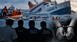 Ilustrasi Kapal Virgo 8 tenggelam di Laut Jawa dan penanganan kasus oleh aparat kepolisian. (Foto AI)