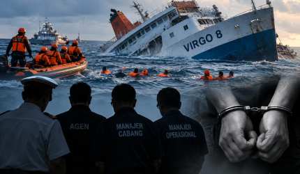 Ilustrasi Kapal Virgo 8 tenggelam di Laut Jawa dan proses evakuasi korban.