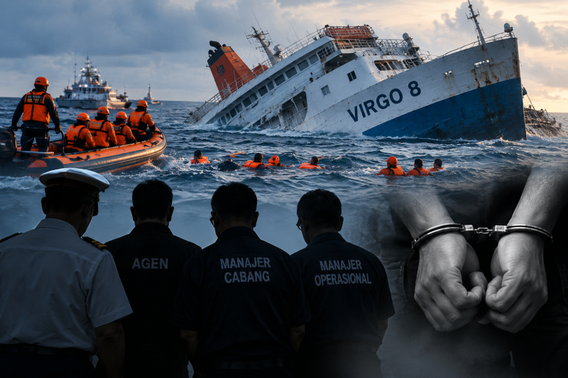 Ilustrasi Kapal Virgo 8 tenggelam di Laut Jawa dan penanganan kasus oleh aparat kepolisian. (Foto AI)
