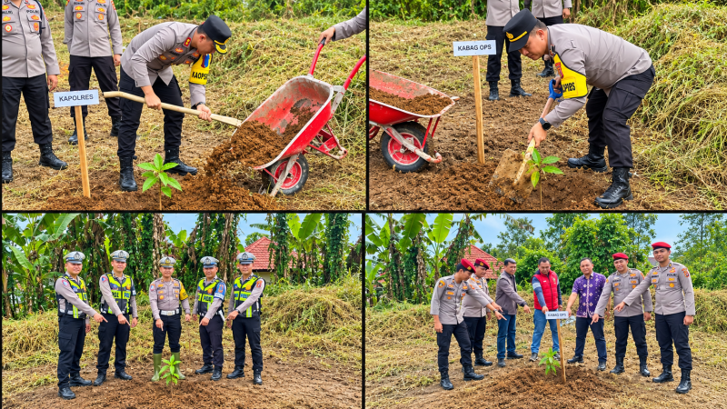 Kapolres bersama jajaran melaksanakan kegiatan penanaman pohon sebagai bentuk kepedulian terhadap lingkungan.