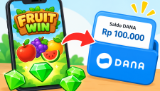 Ilustrasi Fruit Win, game bertema buah yang menawarkan diamond hijau untuk ditukar dengan hadiah saldo DANA. ( Foto AI INBRTA)