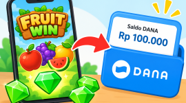 Ilustrasi Fruit Win, game bertema buah yang menawarkan diamond hijau untuk ditukar dengan hadiah saldo DANA. ( Foto AI INBRTA)