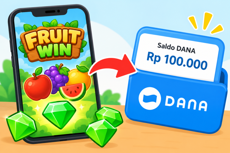 Ilustrasi Fruit Win, game bertema buah yang menawarkan diamond hijau untuk ditukar dengan hadiah saldo DANA. ( Foto AI INBRTA)