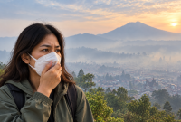 Ilustrasi kabut asap di kawasan pegunungan yang berdampak pada kualitas udara dan kesehatan pernapasan.(Foto AI INBRITA)