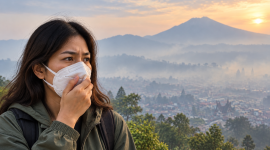Ilustrasi kabut asap di kawasan pegunungan yang berdampak pada kualitas udara dan kesehatan pernapasan.(Foto AI INBRITA)