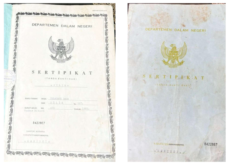 Foto sertifikat tanah milik almarhumah Sri Anteng Rahayu .