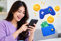 Ilustrasi game penghasil uang melalui ponsel dengan peluang mendapatkan hadiah digital. ( Foto AI INBRITA)
