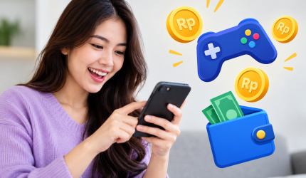 Wanita bermain game di ponsel dengan ilustrasi koin rupiah dan dompet uang digital.