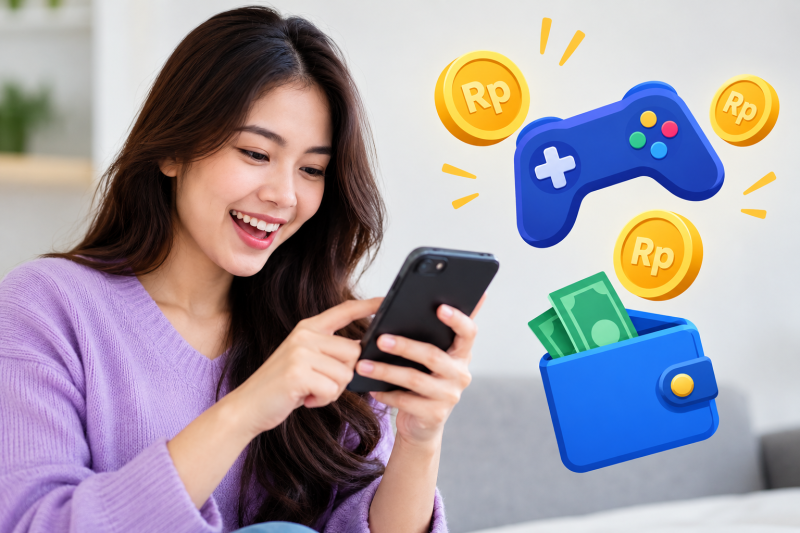Ilustrasi game penghasil uang melalui ponsel dengan peluang mendapatkan hadiah digital. ( Foto AI INBRITA)