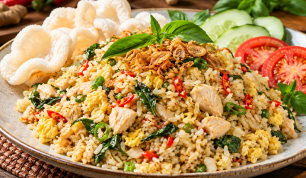 Nasi goreng kencur kemangi, gurih dan harum dengan rempah khas yang menggugah selera.
