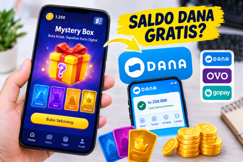 Ilustrasi game mystery box dengan klaim saldo DANA gratis. ( Foto AI inbrita.com)