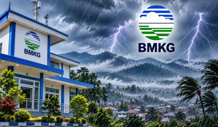 Ilustrasi kantor BMKG Kerinci di tengah hujan lebat, petir, dan angin kencang menjelang musim hujan.