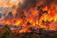 Ilustrasi Kebakaran hutan dan lahan (karhutla) menyebabkan asap tebal dan mengancam lingkungan. ( Foto AI)