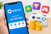 Ilustrasi smartphone, game, dan saldo DANA yang menggambarkan peluang mendapatkan penghasilan dari aplikasi game.