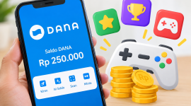 Ilustrasi smartphone, game, dan saldo DANA yang menggambarkan peluang mendapatkan penghasilan dari aplikasi game.