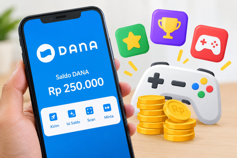 Ilustrasi smartphone, game, dan saldo DANA yang menggambarkan peluang mendapatkan penghasilan dari aplikasi game.