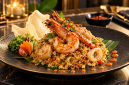 Nasi goreng seafood premium dengan sajian elegan dan menggugah selera.