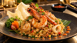 Nasi goreng seafood premium dengan sajian elegan dan menggugah selera.