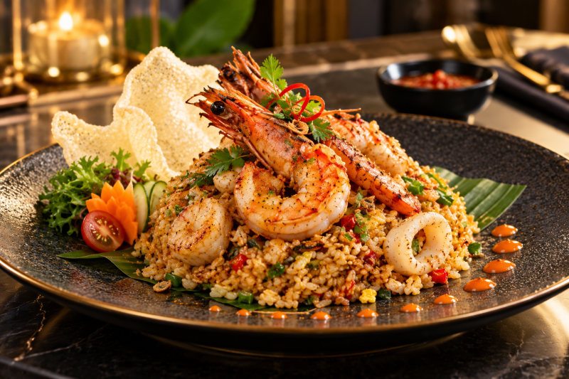 Nasi goreng seafood premium dengan sajian elegan dan menggugah selera.
