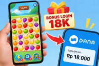 Ilustrasi game susun buah yang menawarkan bonus login 18K dan diklaim bisa dicairkan ke saldo DANA. Klaim pencairan tersebut masih perlu diverifikasi. ( AI INBRITA)
