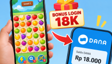 Ilustrasi game susun buah yang menawarkan bonus login 18K dan diklaim bisa dicairkan ke saldo DANA. Klaim pencairan tersebut masih perlu diverifikasi. ( AI INBRITA)
