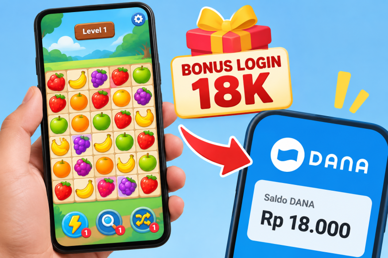Ilustrasi game susun buah yang menawarkan bonus login 18K dan diklaim bisa dicairkan ke saldo DANA. Klaim pencairan tersebut masih perlu diverifikasi. ( AI INBRITA)