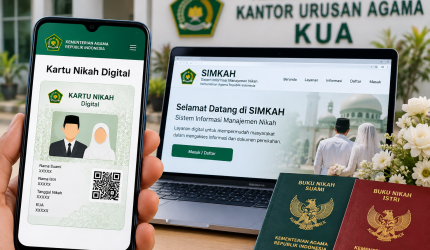 Kartu Nikah Digital Kemenag melalui SIMKAH dengan akses unduh daring dan verifikasi kode QR.