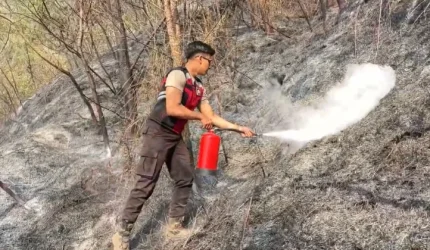 Anggota kepolisian memadamkan kebakaran hutan di lereng Gunung Sumbing, Wonosobo, Rabu 21 Oktober 2026.