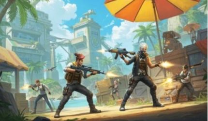 Ilustrasi game Free Fire dengan karakter, senjata, peti hadiah, dan diamond di arena pertempuran.